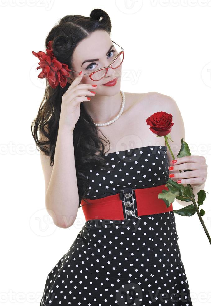 young woman with rose flower isolated on white photo