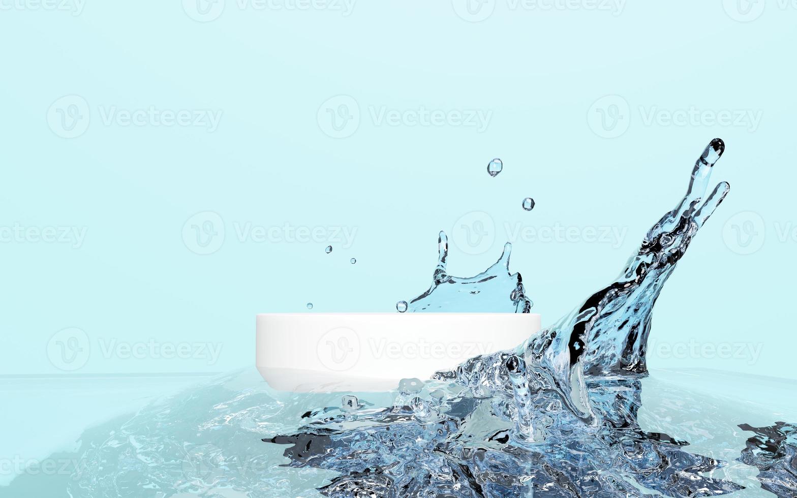3d abstracto, salpicadura de agua transparente con podio de escenario blanco vacío, pedestal de escaparate cosmético geométrico aislado sobre fondo azul. escena moderna mínima, plantilla de maqueta, ilustración de presentación 3d foto