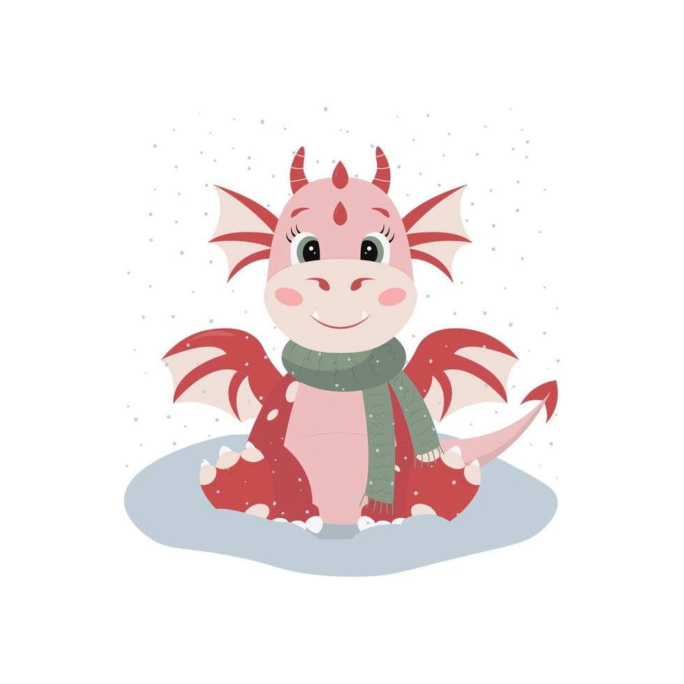 Red dragon wearing a scarf and sitting in snow. Cute cartoon character in flat style. Vector seasonal illustration on white background.