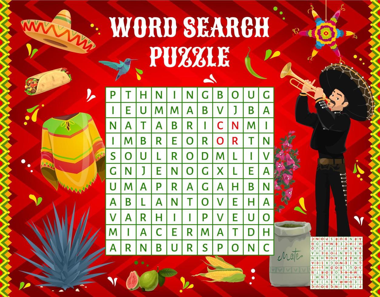 Word search puzzle game worksheet, Mexican quiz vector