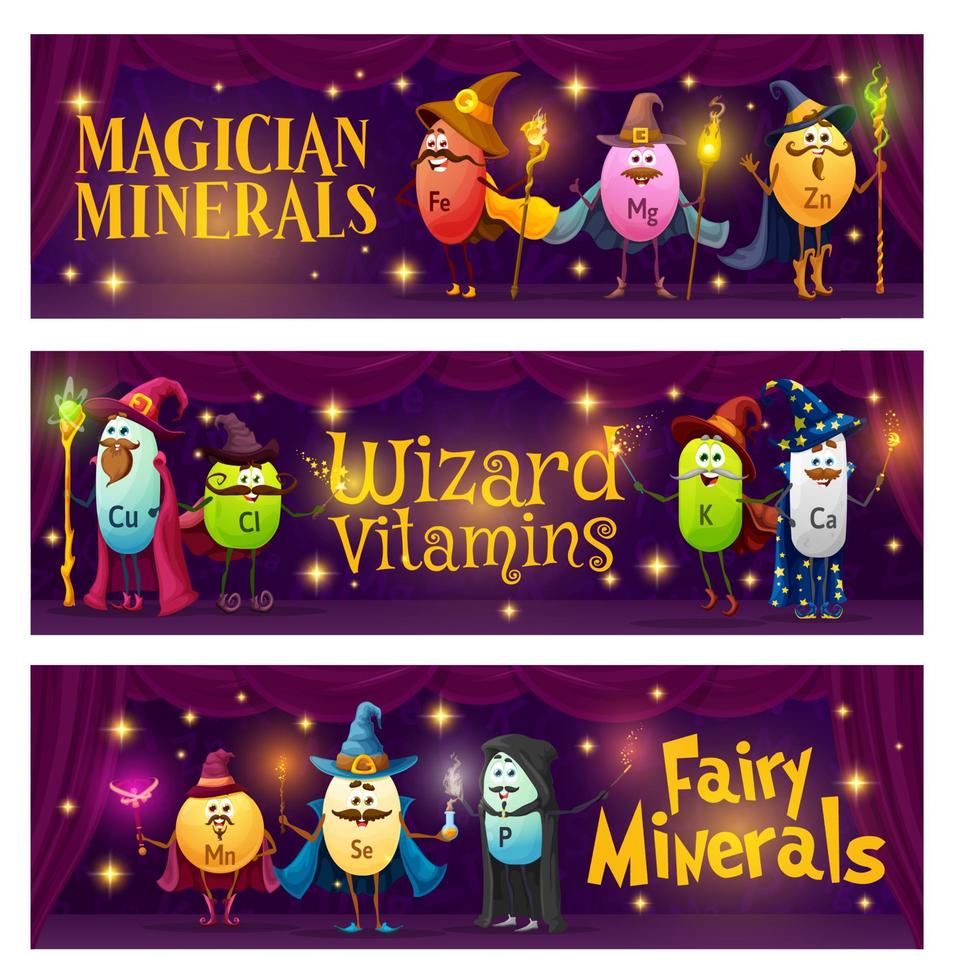 Cartoon vitamins, micronutrients wizards and mages vector