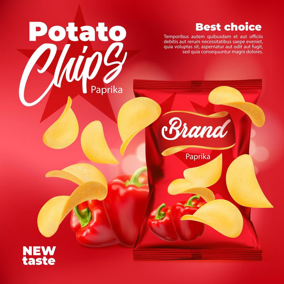 Realistic paprika flavored potato chips, package vector