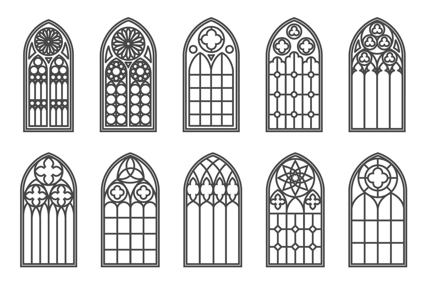 conjunto de ventanas medievales de la iglesia. elementos de arquitectura de estilo gótico antiguo. ilustración de contorno vectorial sobre fondo blanco. vector