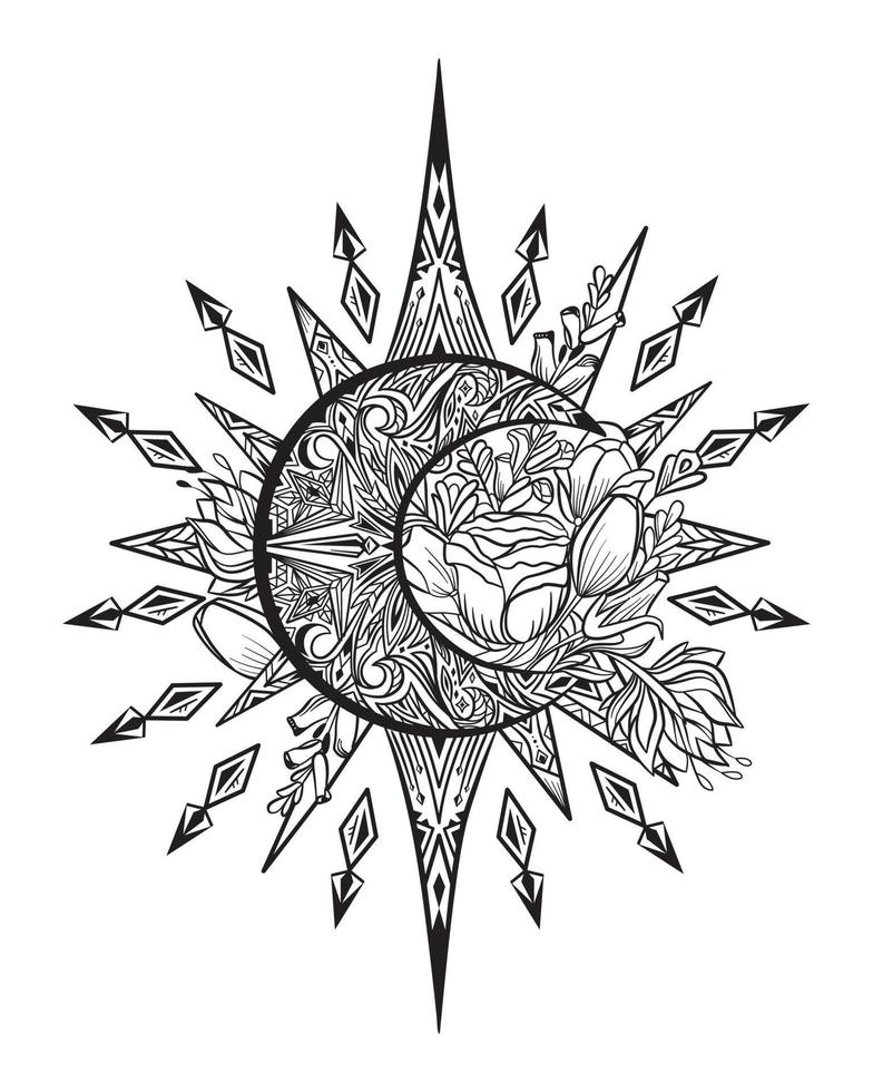 ilustración vectorial abstracta de una luna creciente y flores vector