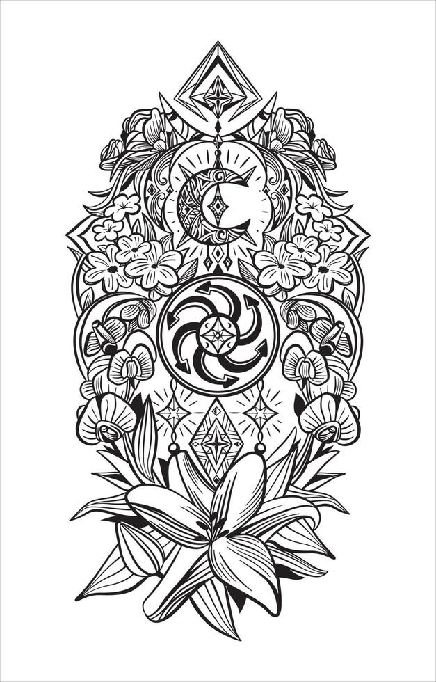 a complex black and white illustration with flowers and the Slavic symbol of the sun vector