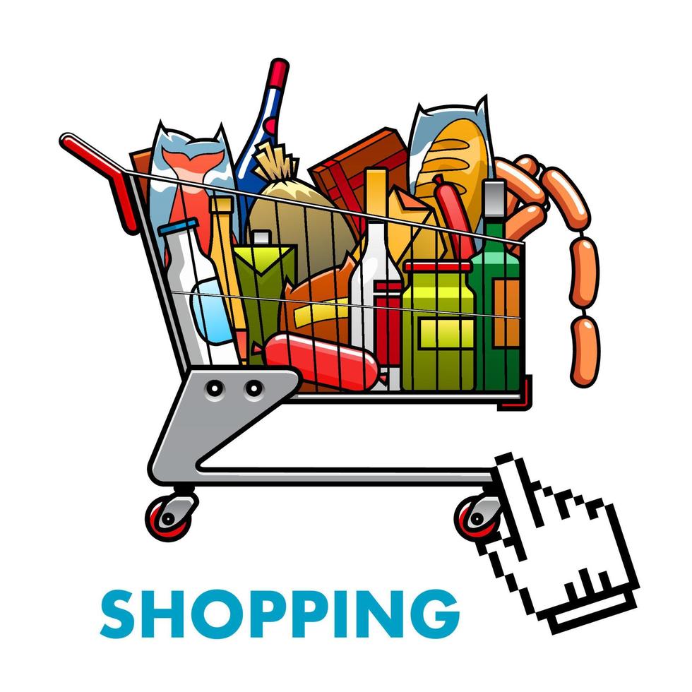 Full shopping cart with food and drinks vector