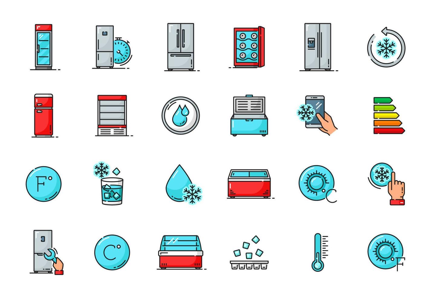 nevera y congelador, iconos de esquema de almacenamiento de alimentos vector