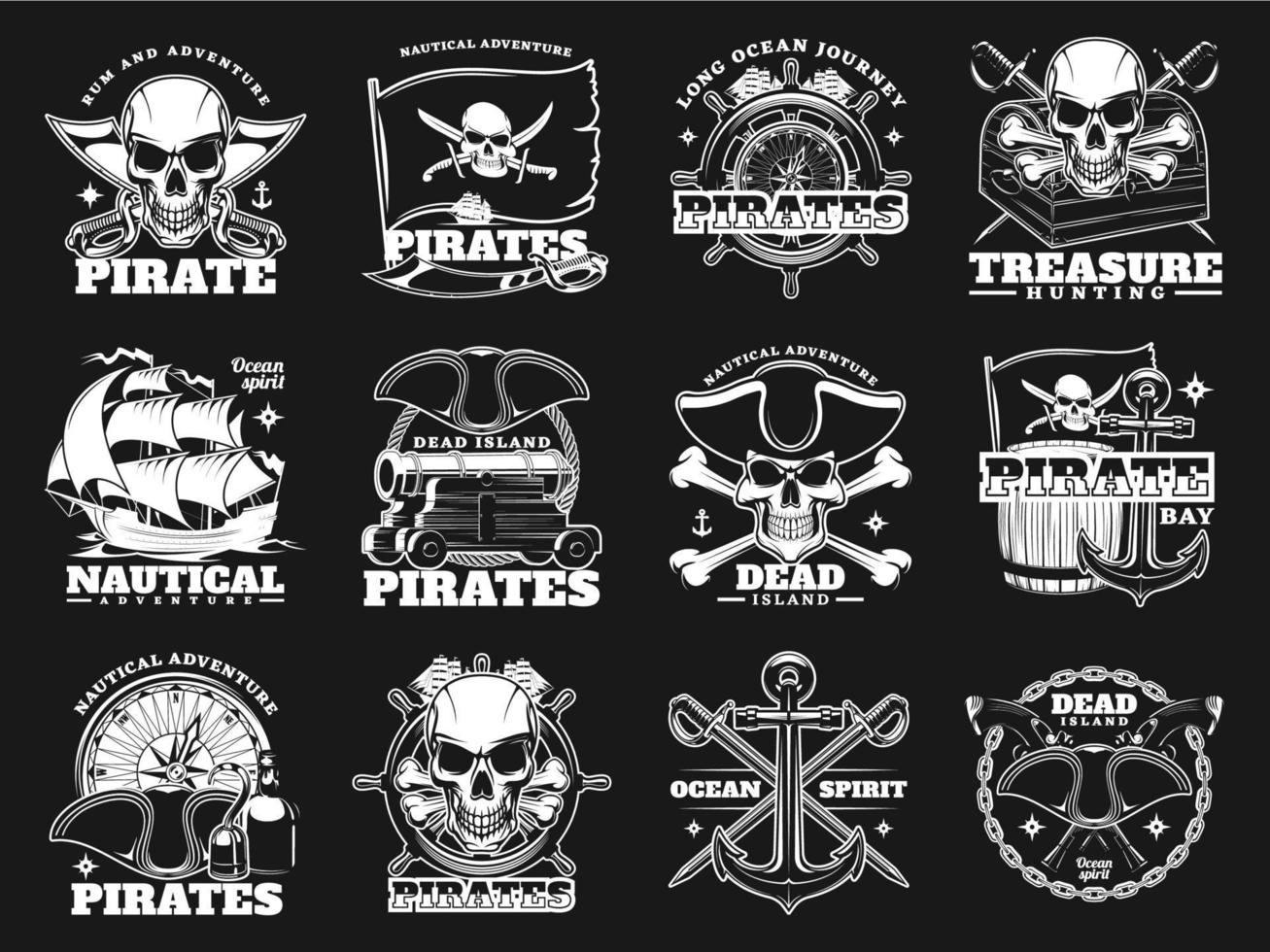 Pirates, skulls and treasure hunting icons vector