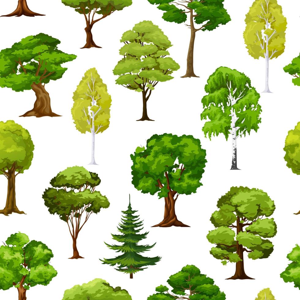 caricatura, bosque, y, jardín, árboles, seamless, patrón vector
