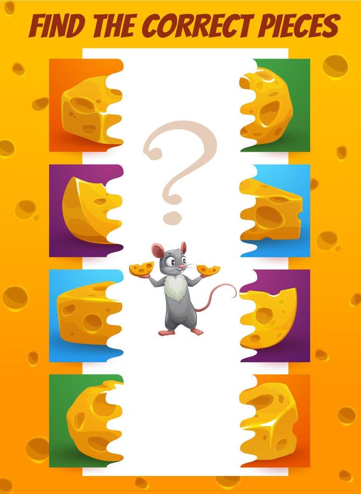 Find correct piece of cheese, kids game worksheet vector