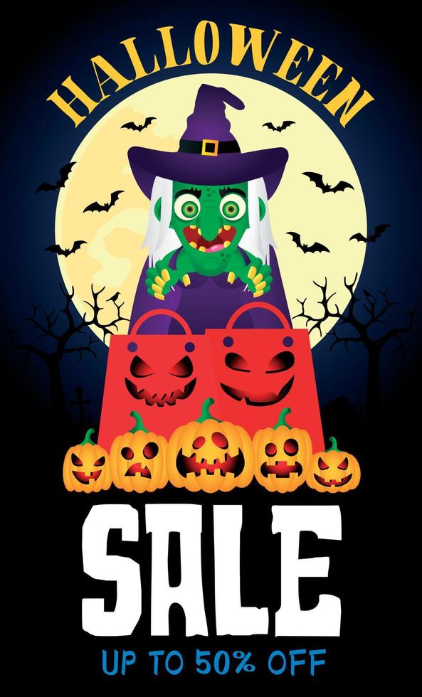 Halloween sale 50 percent discount poster with funny witch, pumpkins and packages vector