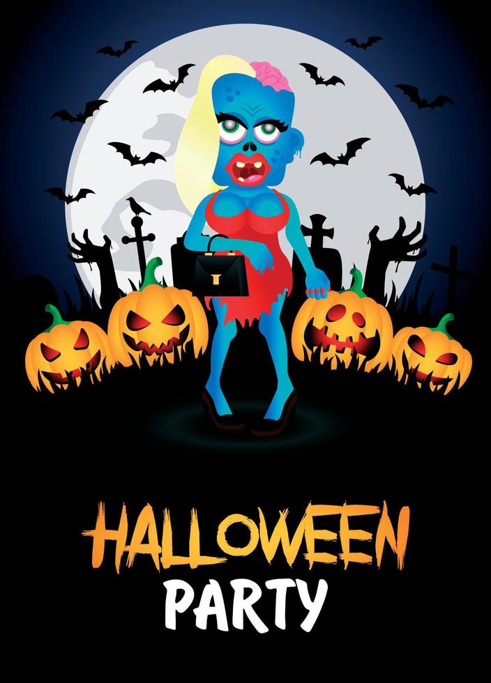 pancarta de fiesta de halloween. cartel con chica zombie en el cementerio y calabazas divertidas vector