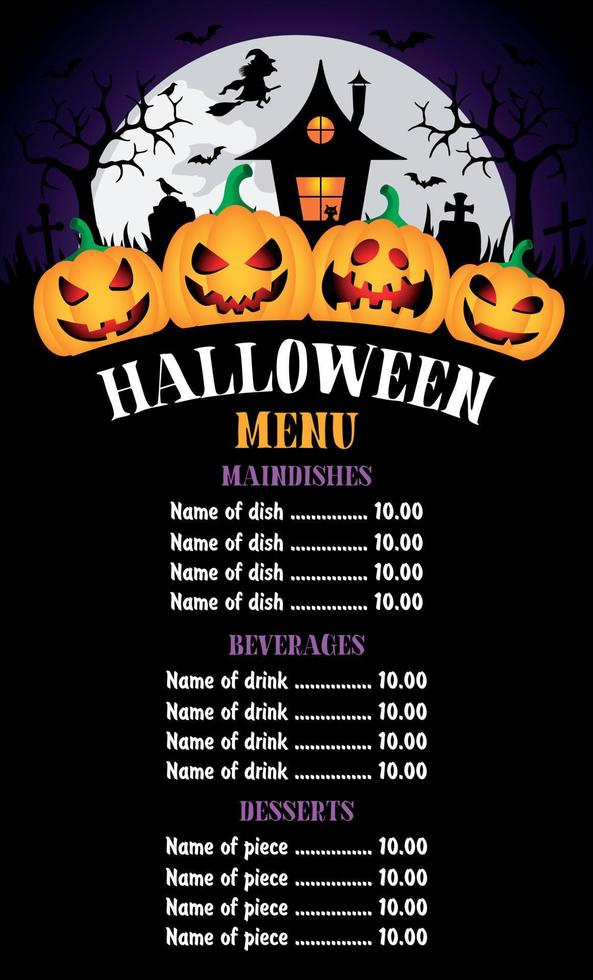 Halloween Menu background with funny pumpkins and witch's house vector