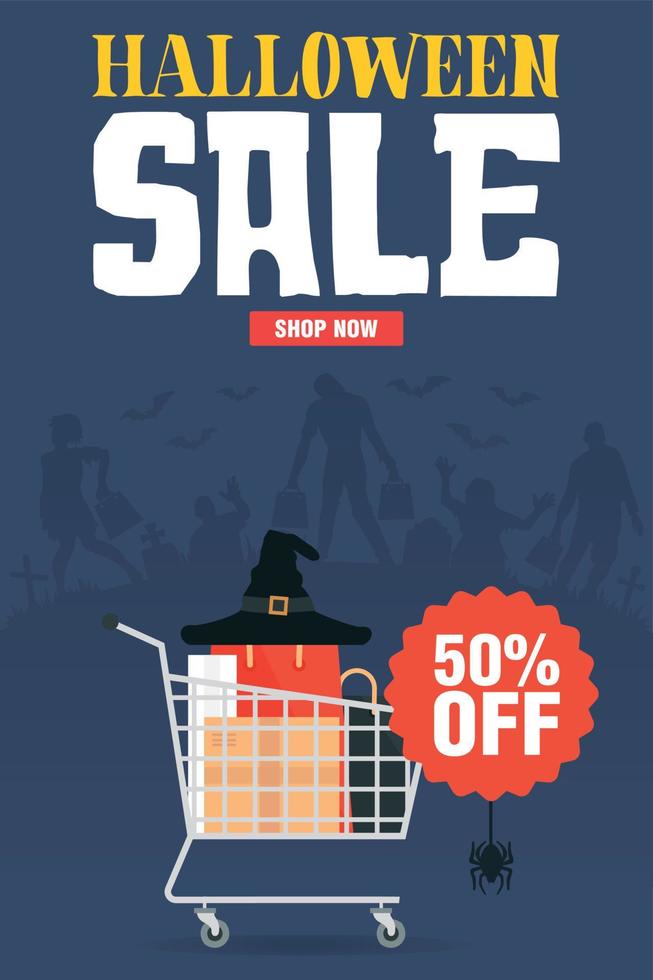 venta de halloween 50 por ciento de descuento concepto diseño banner plano vector