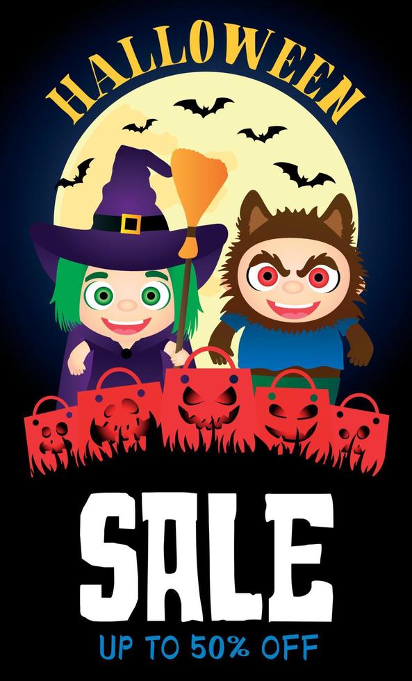 Halloween sale 50 percent discount poster funny kids in Halloween costumes witch, werewolf and funny packages vector