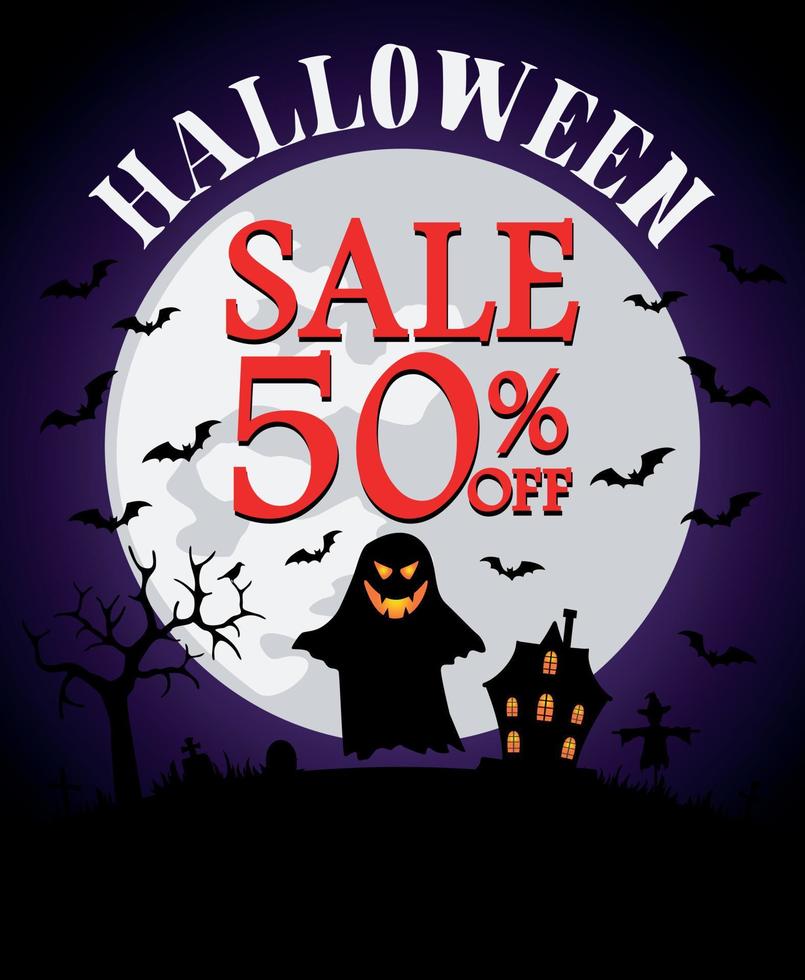 diseño de banner de venta de halloween con 50 por ciento de descuento. cartel con casa embrujada espeluznante vector