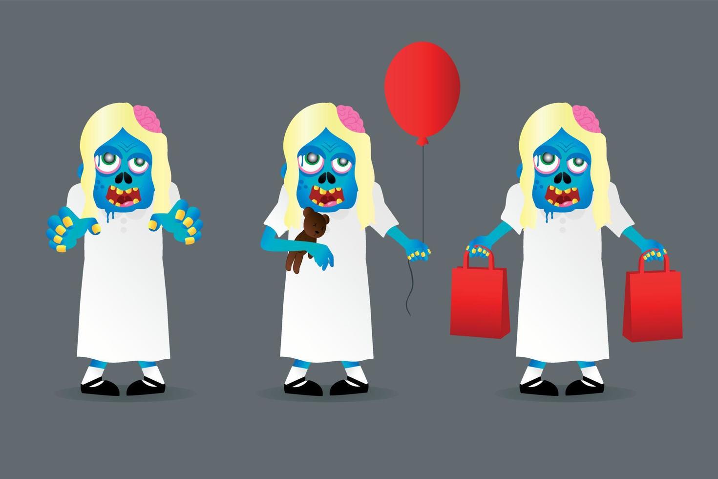 Zombie young girl set isolated on a grey background. Zombie girl cartoon style vector