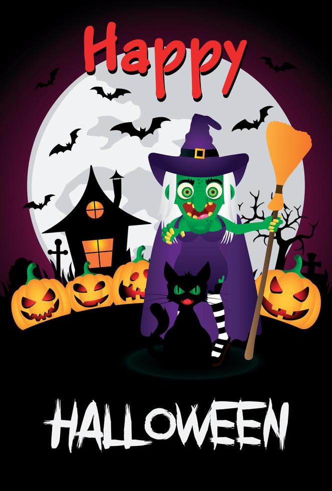 Happy Halloween graphic design poster. Halloween background with funny pumpkins, witch and cat vector