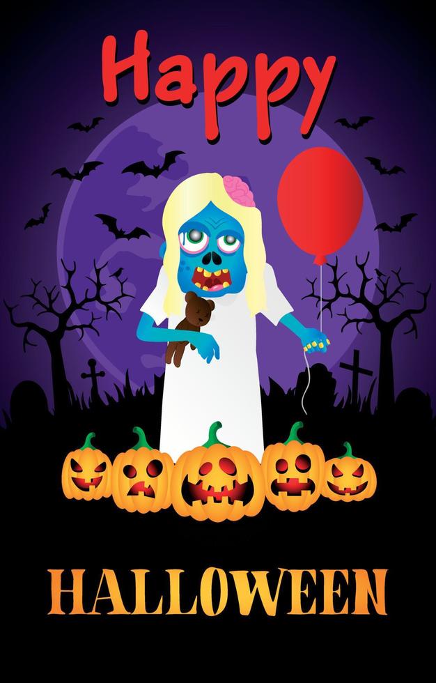 Happy Halloween poster with zombie girl. Halloween greeting card vector