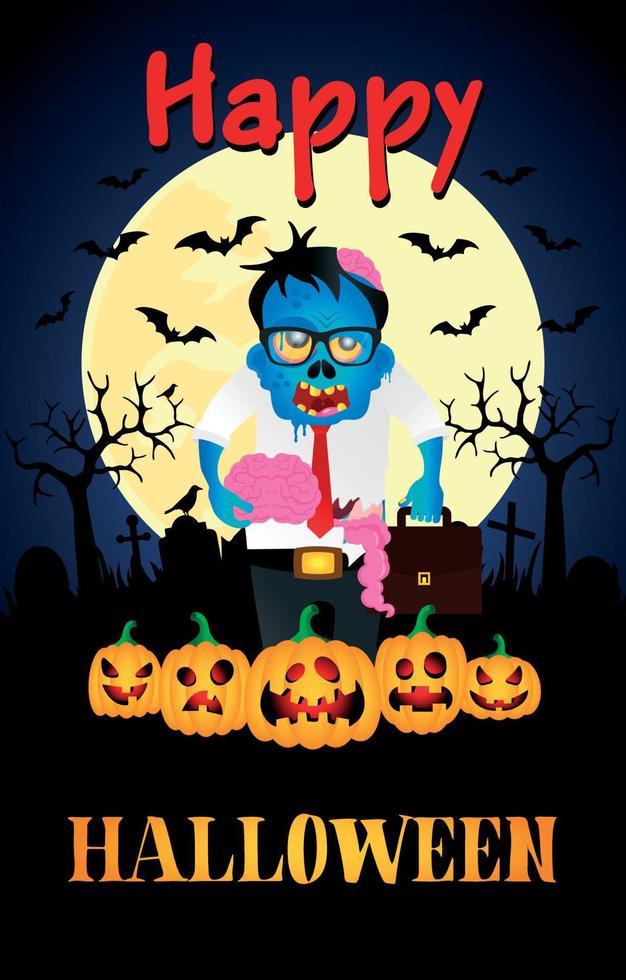 Happy Halloween poster with zombie office worker. Halloween greeting card vector