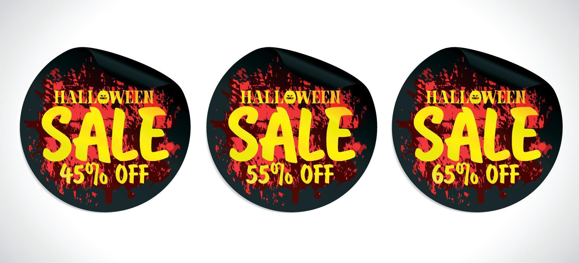 Halloween sale black stickers set. Grunge design concept style. Sale 45, 55, 65 percent off vector