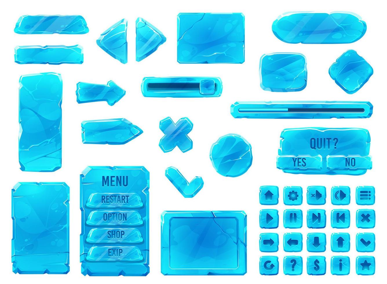 botones de cristal de hielo, juego de interfaz de dibujos animados ui gui vector