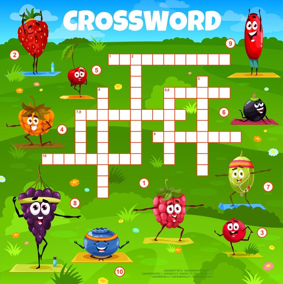 Crossword grid with cute berry characters on yoga vector