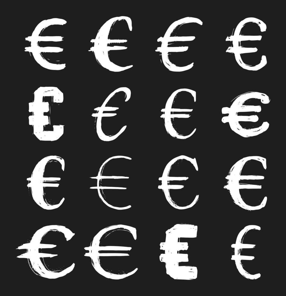 euro, moneda, vector, mano, dibujado, símbolo, conjunto, en, fondo negro vector
