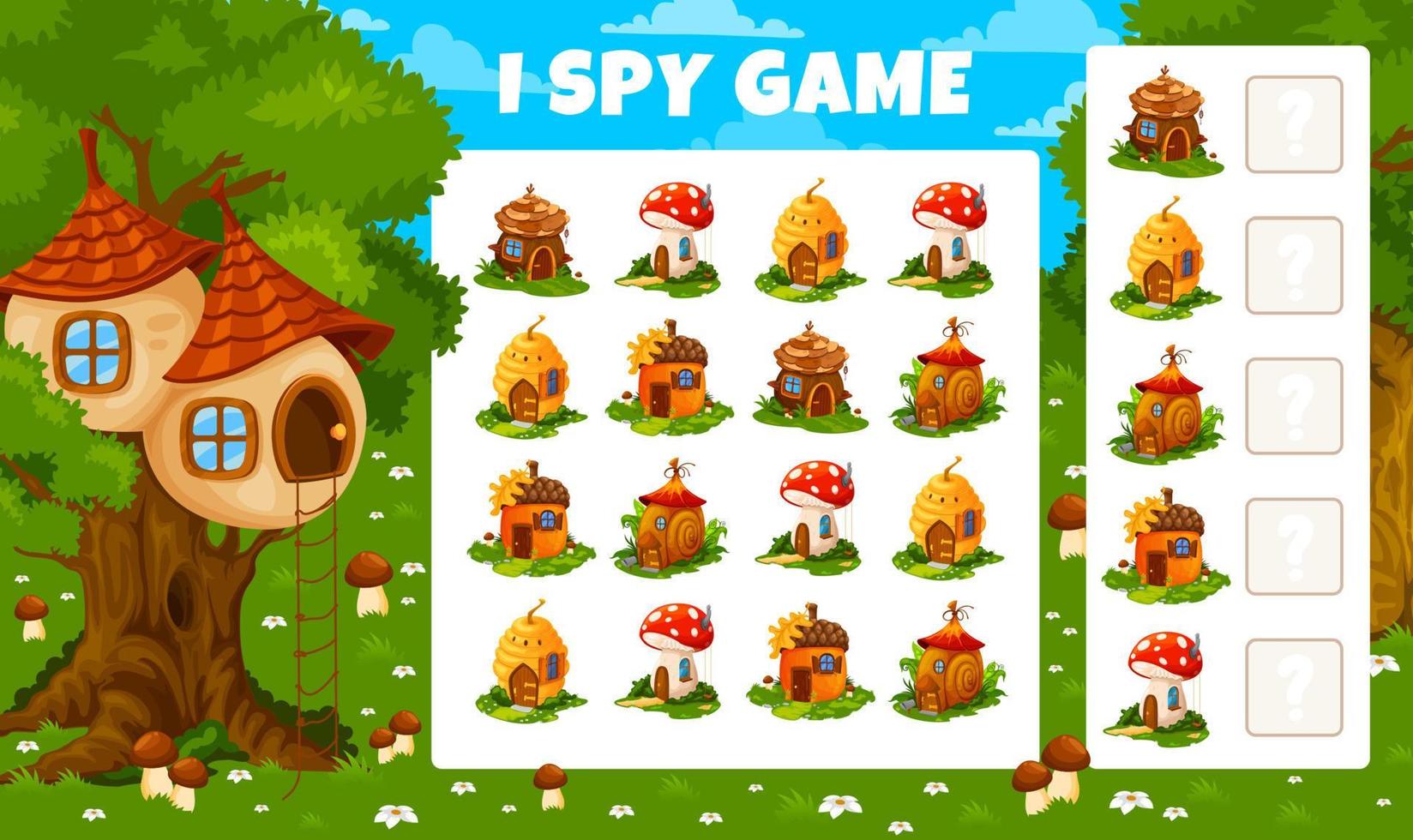 I spy kids game worksheet, cartoon fairy houses vector