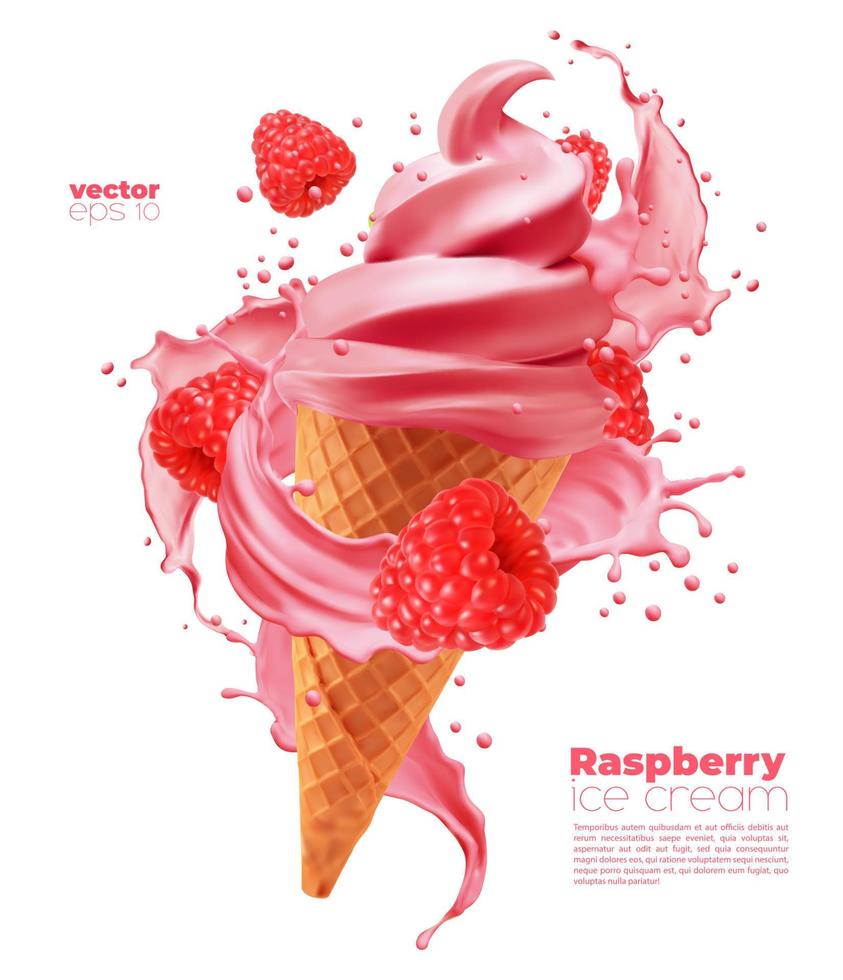 Isolated raspberry soft ice cream cone with splash vector