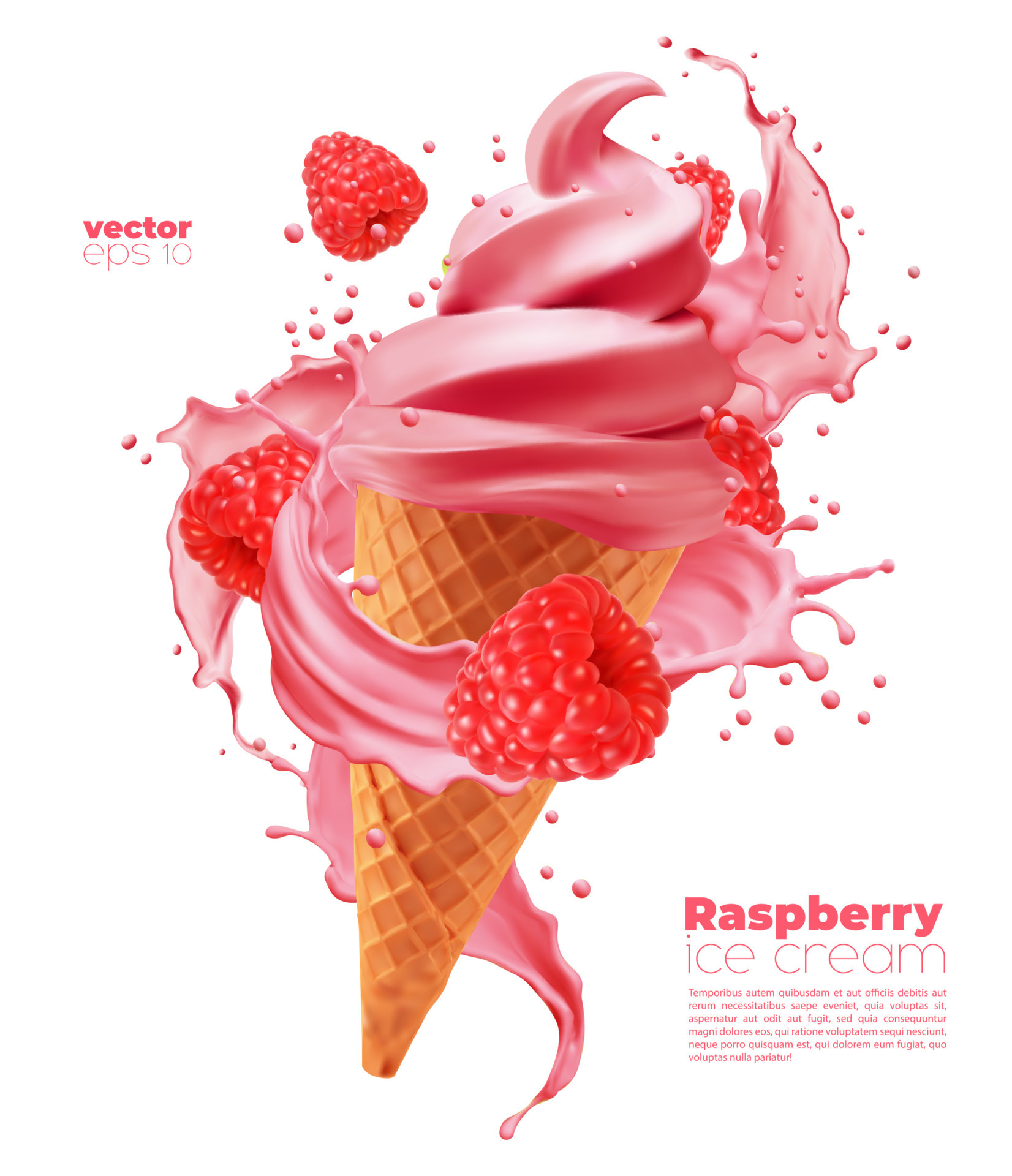 Isolated raspberry soft ice cream cone with splash 11592574 Vector Art