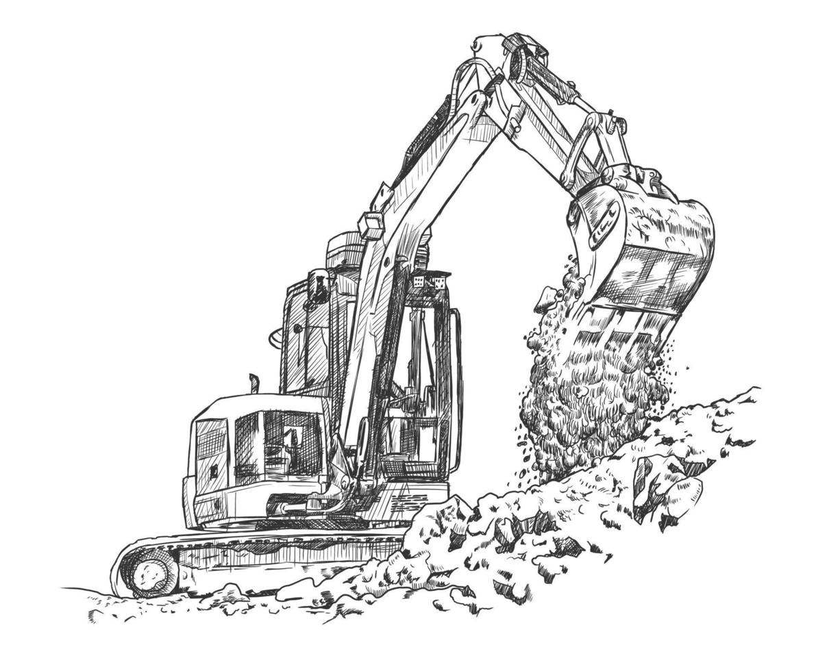 Illustration of a big excavator dredging the ground, hand drawn vector