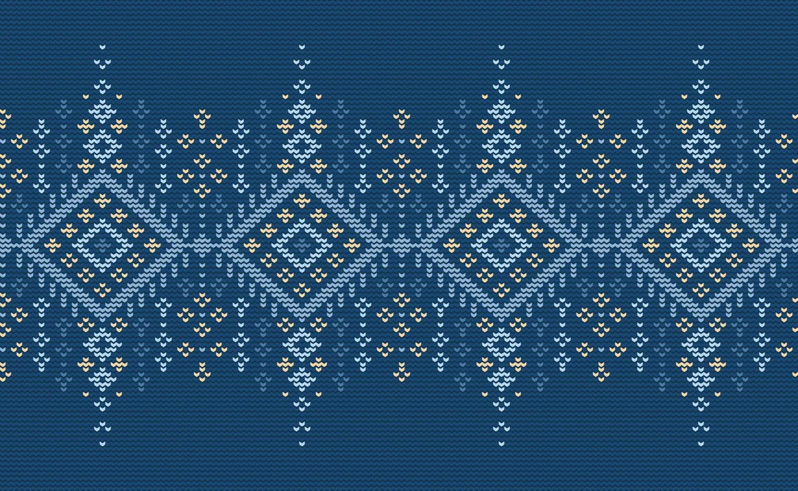 Blue and Yellow Embroidery Pattern, Knitted Repeat Background, Vector Textile Template seamless