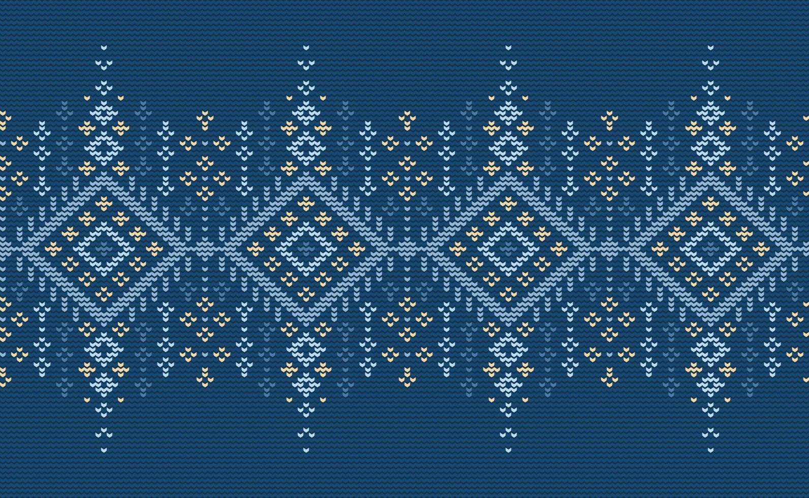 Blue and Yellow Embroidery Pattern, Knitted Repeat Background, Vector Textile Template seamless