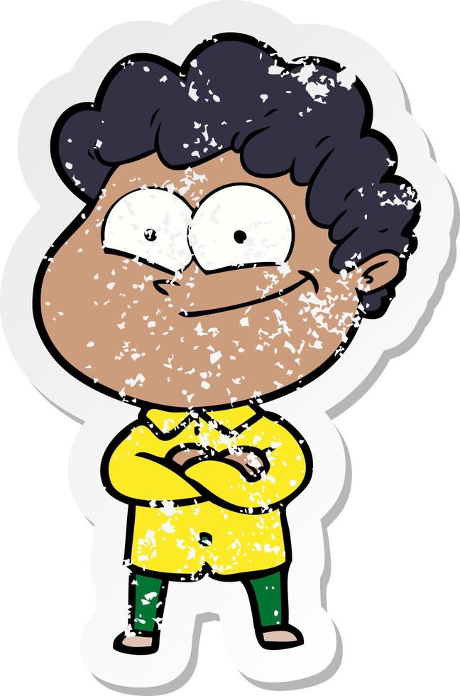 distressed sticker of a cartoon happy man vector