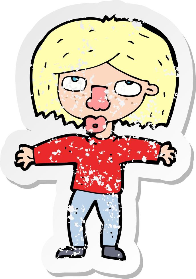 retro distressed sticker of a cartoon girl looking upwards vector