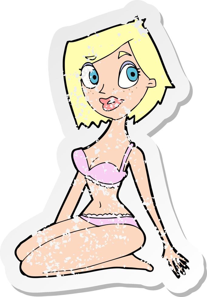 retro distressed sticker of a cartoon pretty woman in underwear vector