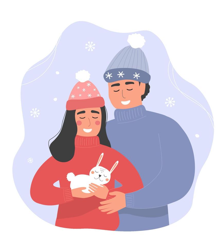 A young couple in winter clothes with a cute rabbit in their arms. A guy and a girl happily hug each other. Vector graphics.