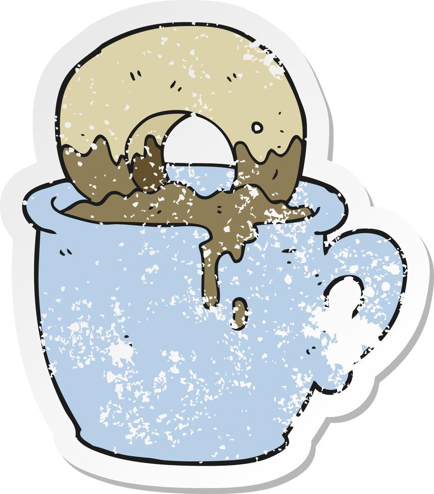 retro distressed sticker of a cartoon donut dunked in coffee vector