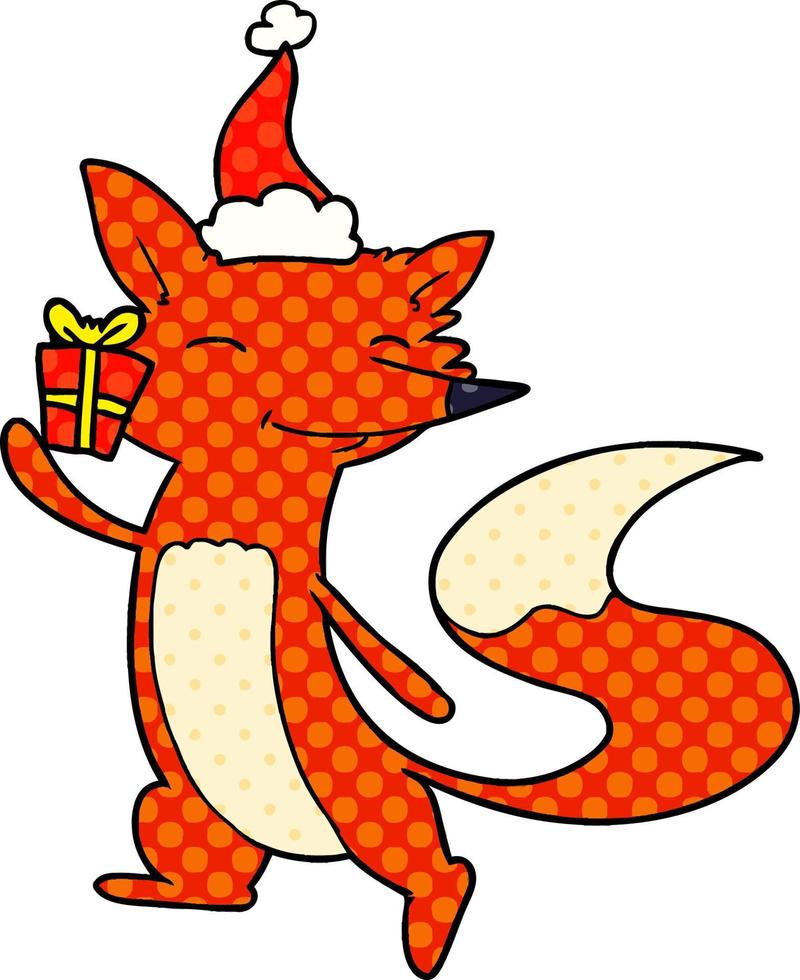 comic book style illustration of a happy fox wearing santa hat vector