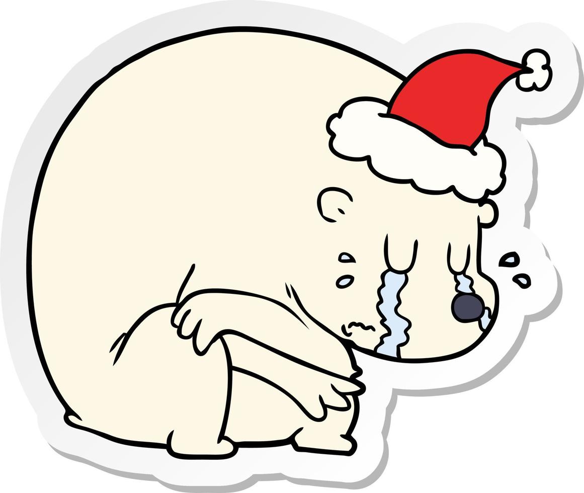 crying sticker cartoon of a polar bear wearing santa hat vector