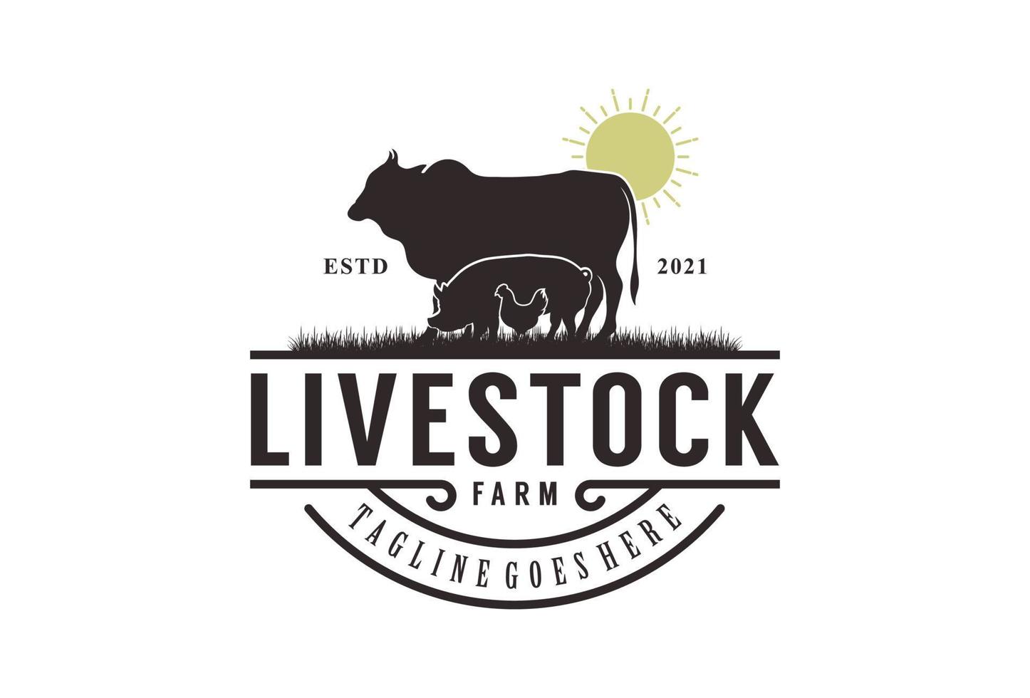 diseño de logotipo de ganado vintage retro. Ilustración de vector de vaca, cerdo y pollo