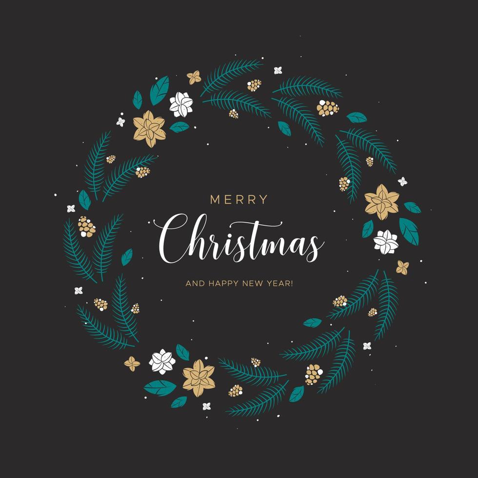 Christmas wreath with leaves, flowers and pine branches on the black background. Unique design for your greeting cards, banners, flyers vector