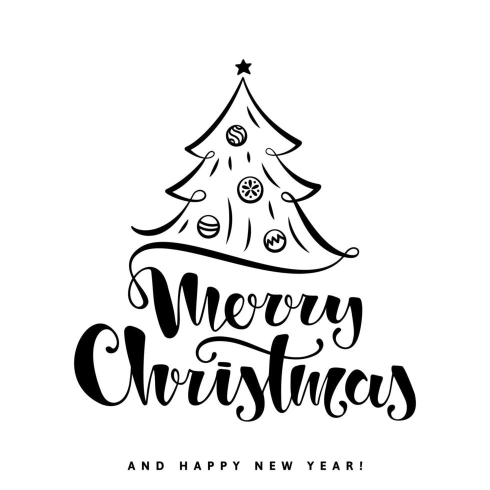 Merry Christmas vector text. Handwritten lettering and Christmas tree with toys on white background. Creative typography for Holiday Greeting Gift Card