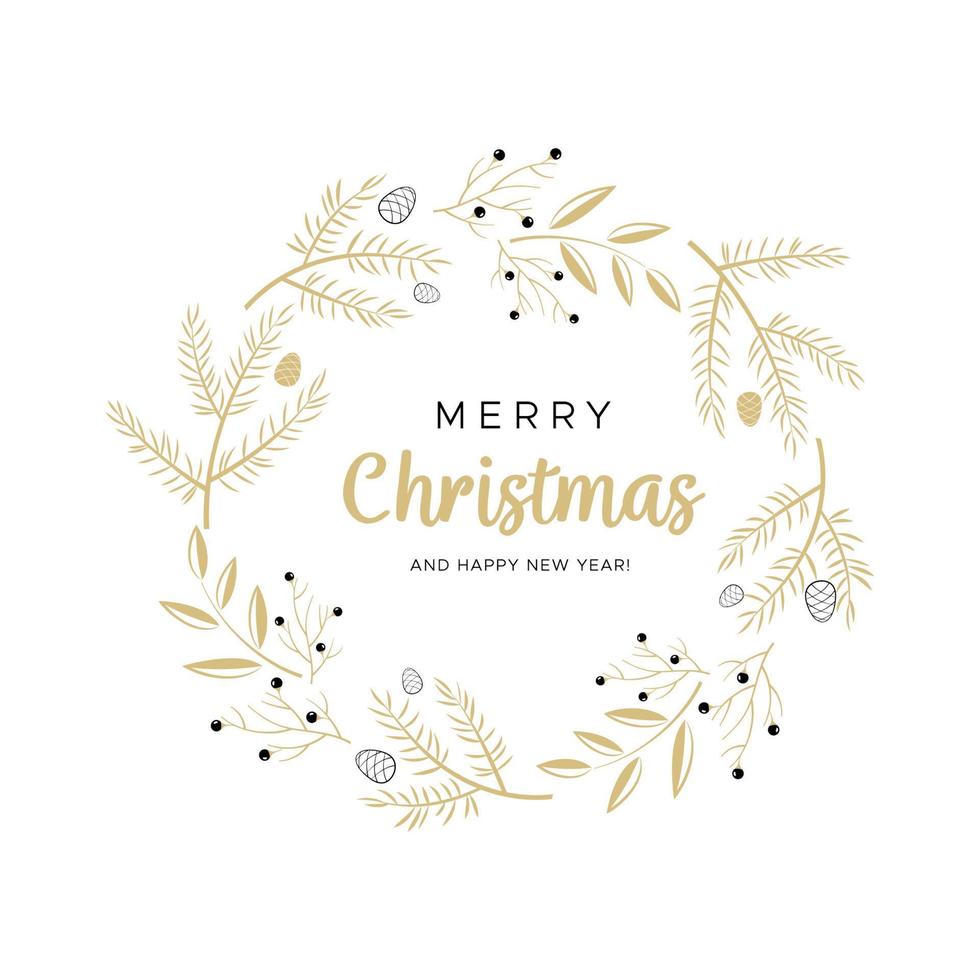 Christmas wreath with gold branches and pine cones. Unique design for your greeting cards, banners, flyers vector