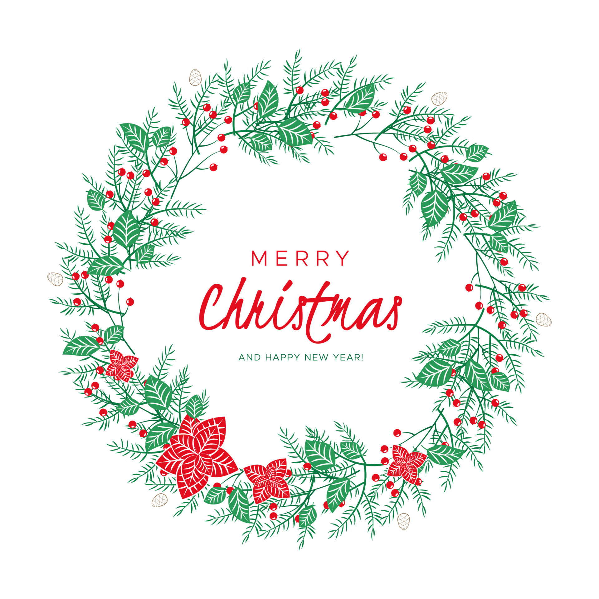 Christmas wreath with berries, leaves, pine branches and fir cones. Round frame for winter 