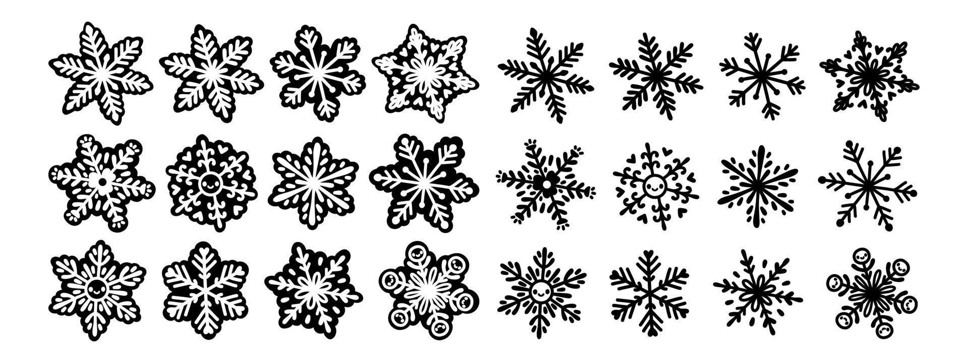 conjunto de copos de nieve ilustración vectorial aislada en blanco y negro vector