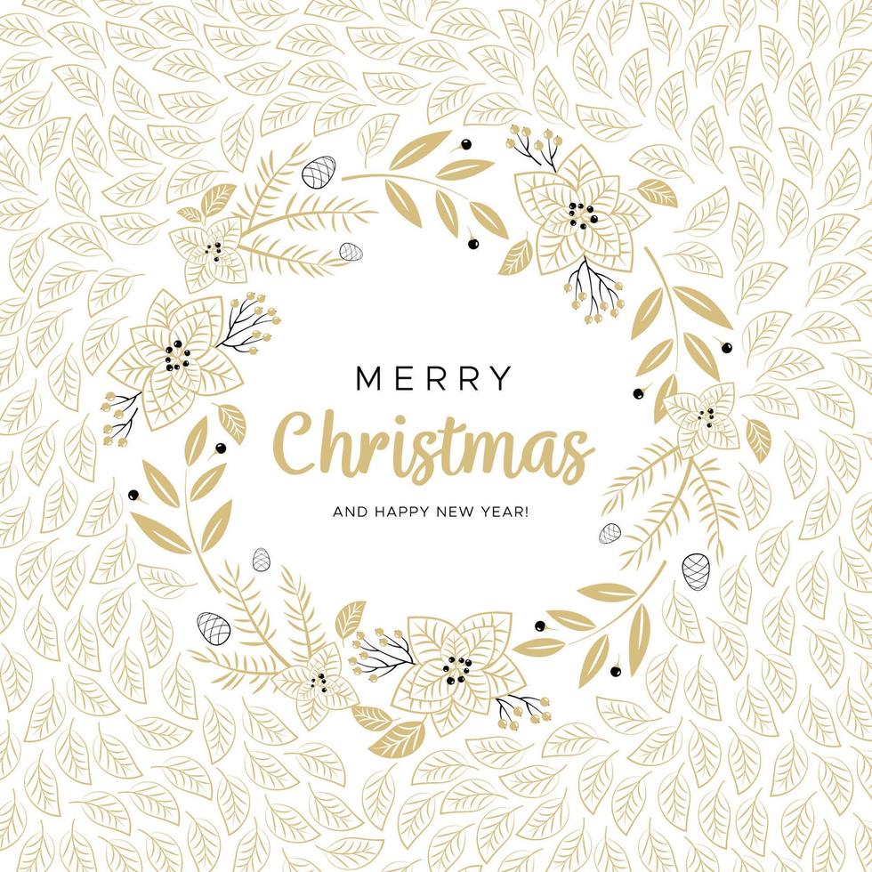 Merry Christmas and Happy New Year greeting card with gold branches and pine cones vector