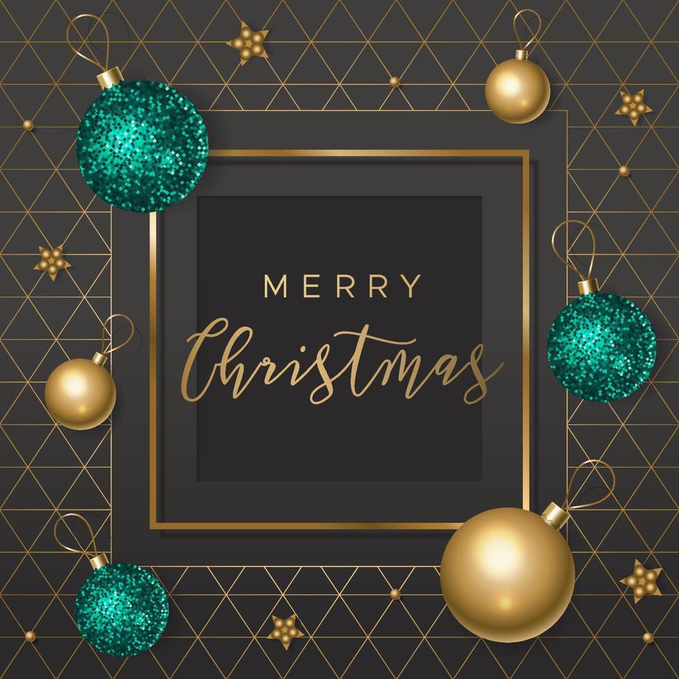 Merry Christmas card with shiny balls on black background with geometric pattern vector