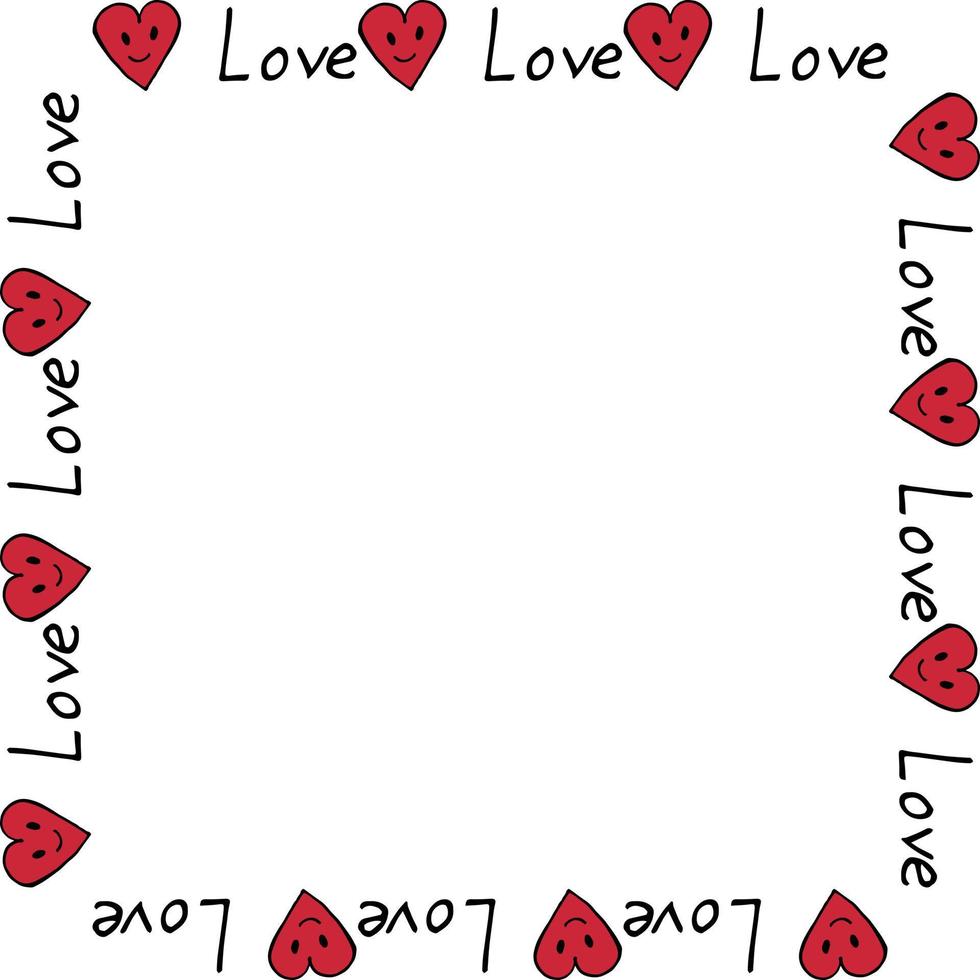 Square frame with words Love and hearts on white background. Vector image.